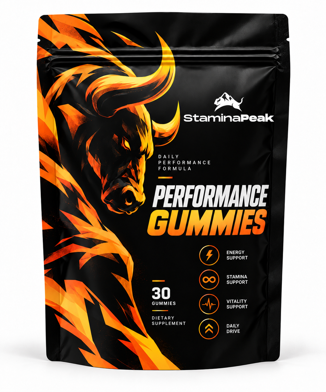 StaminaPeak Performance Gummies black and orange pouch, 30 gummies