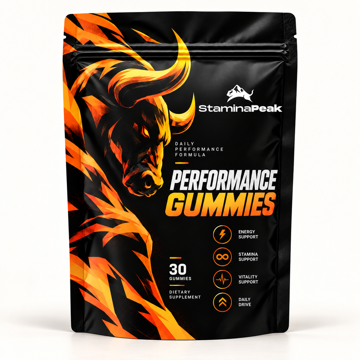 StaminaPeak Performance Gummies front pouch on ivory background