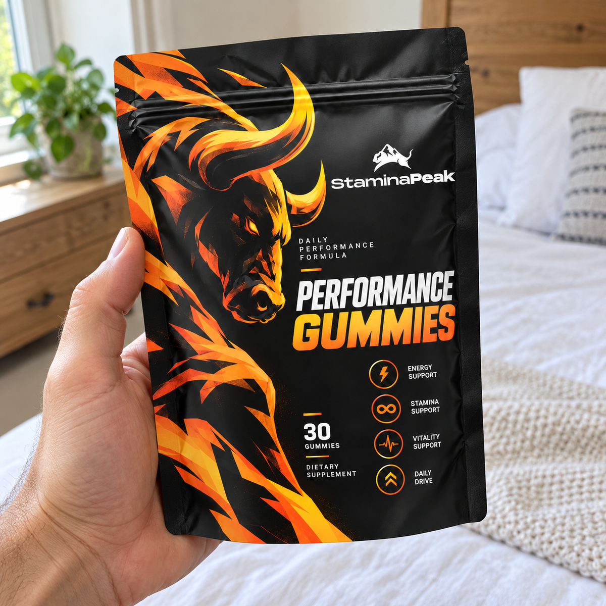 StaminaPeak Performance Gummies pouch held in an adult hand in natural bedroom daylight